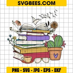 Book Stack Svg, Tea And Plant Book Bobbies Svg