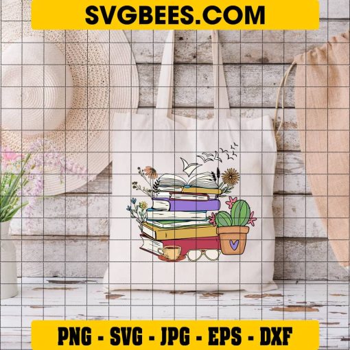 Book Stack Svg, Tea And Plant Book Bobbies Svg on Bag