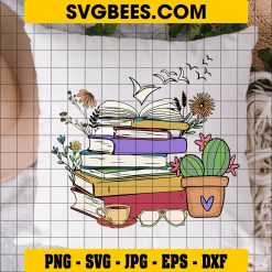 Book Stack Svg, Tea And Plant Book Bobbies Svg on Pillow