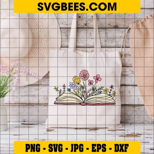 Book With Flowers SVG, Wildflower Book Svg, Blooming Book Svg, Wild Flower Svg, Book Lover Svg on Bag