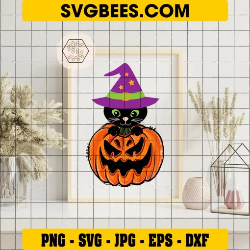 Black Cat in Halloween Pumpkin Svg, Cute Black Cat Svg on Frame