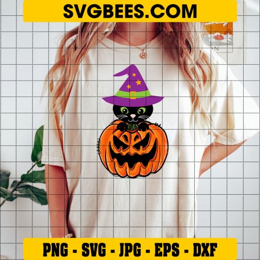 Black Cat in Halloween Pumpkin Svg, Cute Black Cat Svg on Shirt