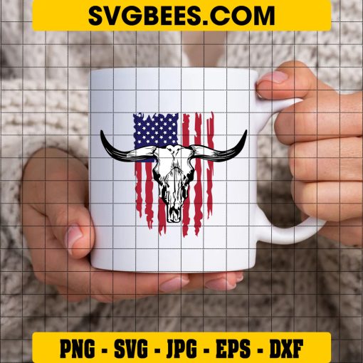 Boho Cow Skull American Flag Svg, Bull Horns Skeleton Svg on Cup