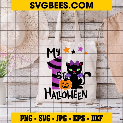 Cute Black Cat With Pumpkin Svg, My 1st Halloween Svg on Bag