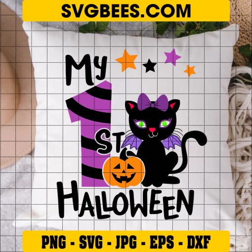 Cute Black Cat With Pumpkin Svg, My 1st Halloween Svg on Pillow