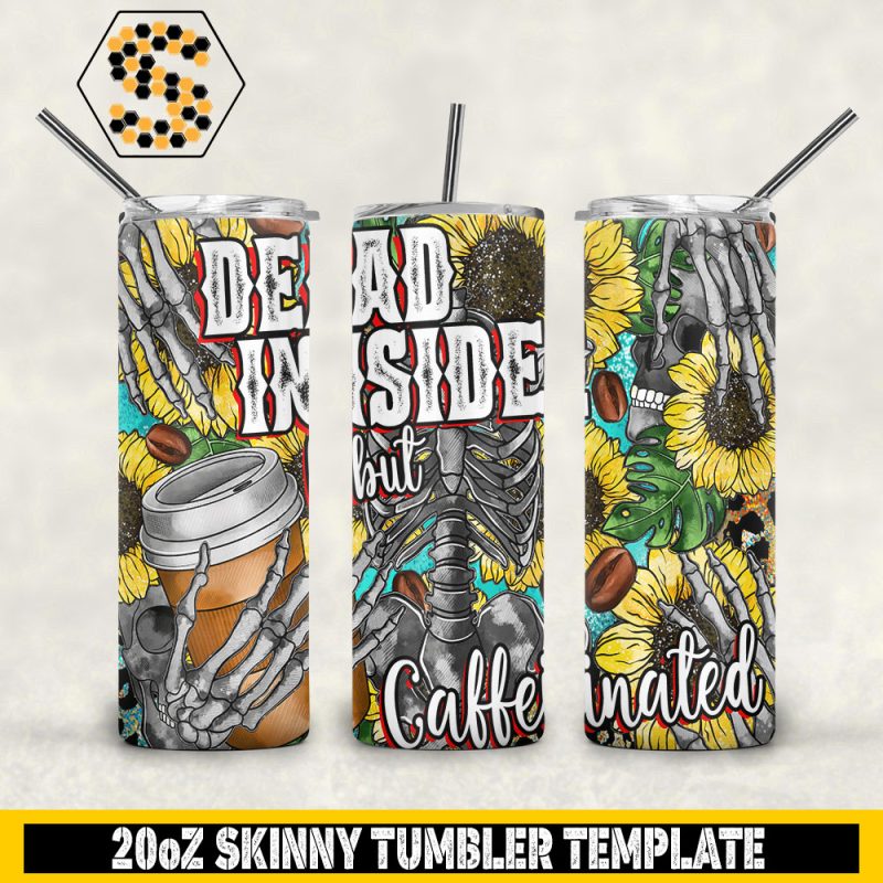 Dead Inside But Caffeinated 20oz Tumbler Wrap, Messy Bun Skull Tumbler PNG Sublimation Design