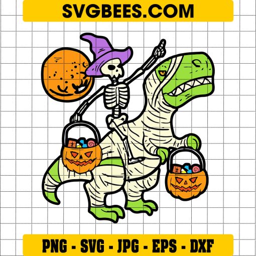 Dinosaur T-rex Witch Svg, T-rex Halloween Svg, Skeleton Svg