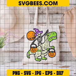 Dinosaur T-rex Witch Svg, T-rex Halloween Svg, Skeleton Svg on Bag