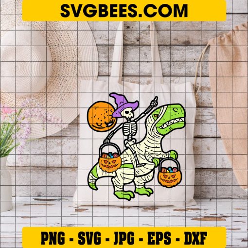 Dinosaur T-rex Witch Svg, T-rex Halloween Svg, Skeleton Svg on Bag