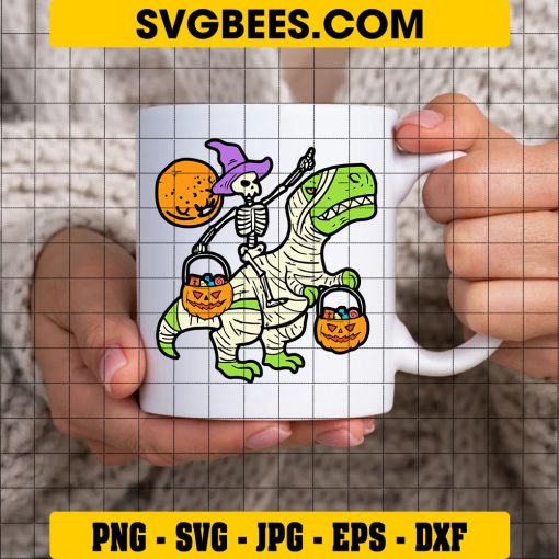 Dinosaur T-rex Witch Svg, T-rex Halloween Svg, Skeleton Svg on Cup