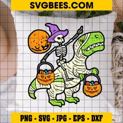 Dinosaur T-rex Witch Svg, T-rex Halloween Svg, Skeleton Svg on Pillow