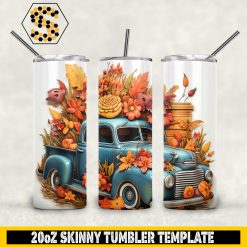 Fall Autumn 20oz Skinny Tumbler Template PNG, Autumn Pumpkin Sunflower Truck Skinny Tumbler Design PNG File