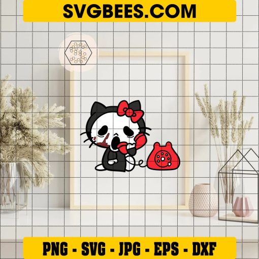 Hello Kitty Ghostface Scream Call Me SVG, Hello Kitty Halloween SVG, Scary Movie SVG PNG DXF EPS Files on Frame