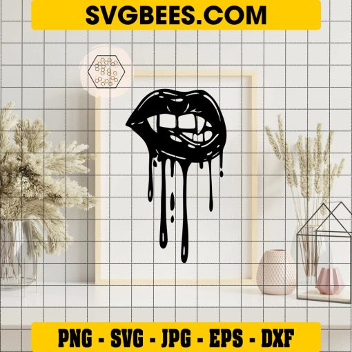 Lips Halloween SVG, Dripping Blood Mouth Vampire Lip Teeth Horror SVG on Frame