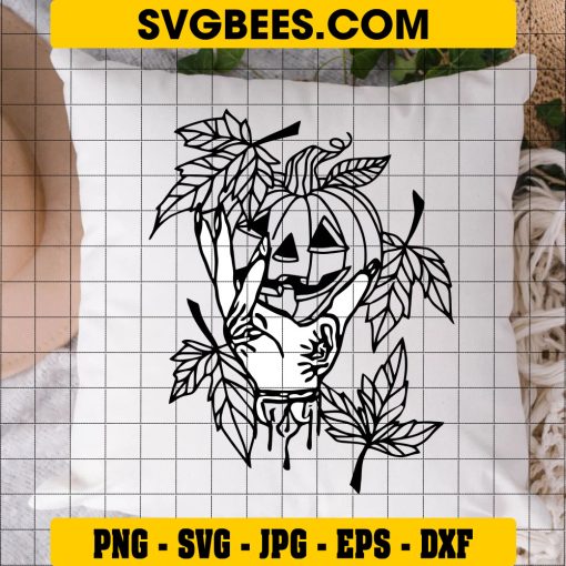 Pumpkin Witch Hand SVG, Halloween Pumpkin SVG, Halloween Scary Pumpkin SVG, Autumn Leaves SVG on Pillow