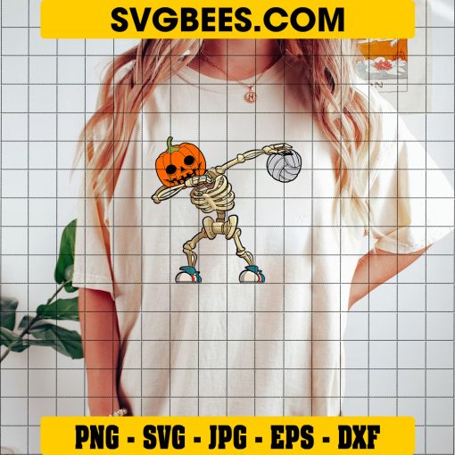 Skeleton Volleyball Pumpkin Svg, Funny Skeleton Halloween Svg on Shirt