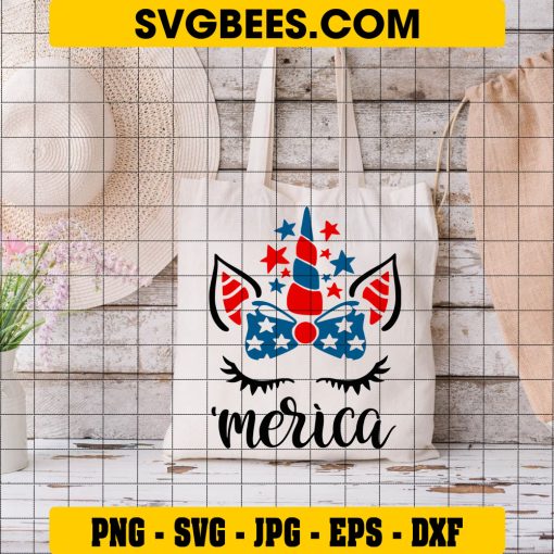 USA Unicorn Face Svg, Cute 4th of July Svg, Patriotic unicorn Svg on Bag