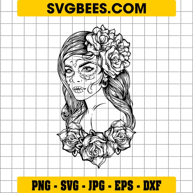 Woman Sugar Skull SVG, Messy Bun Skull SVG, Sugar Skull SVG, Calavera SVG, Dia De Los Muertos SVG, Day Of The Dead SVG