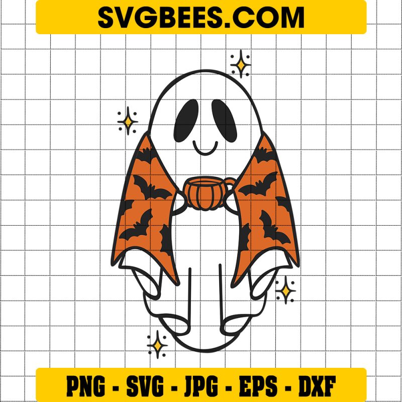 Chibi Ghost Bat Halloween SVG, Ghost Pumpkin Coffee SVG