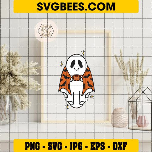 Chibi Ghost Bat Halloween SVG, Ghost Pumpkin Coffee SVG on Frame