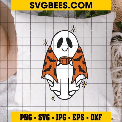 Chibi Ghost Bat Halloween SVG, Ghost Pumpkin Coffee SVG on Pillow