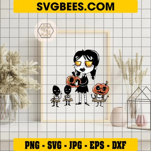 Chibi Wednesday Addams SVG, Halloween Wednesday SVG, Wednesday Pumpkins SVG on Frame