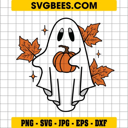 Ghost Pumpkin Fall Halloween SVG, Cute Ghost Leaves Fall SVG