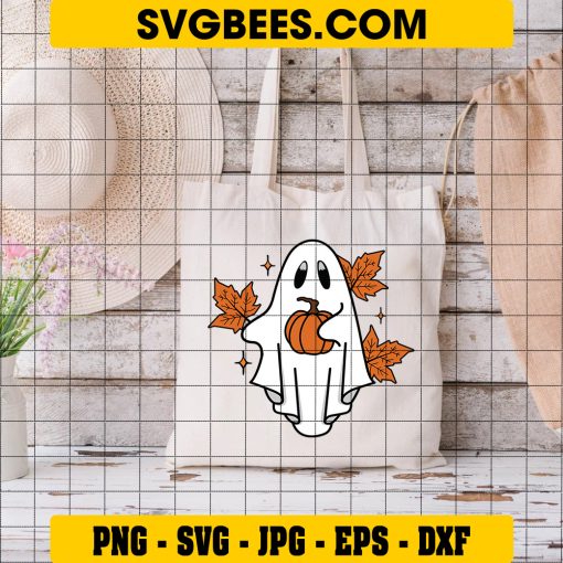 Ghost Pumpkin Fall Halloween SVG, Cute Ghost Leaves Fall SVG on Bag