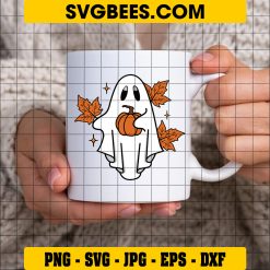 Ghost Pumpkin Fall Halloween SVG, Cute Ghost Leaves Fall SVG on Cup