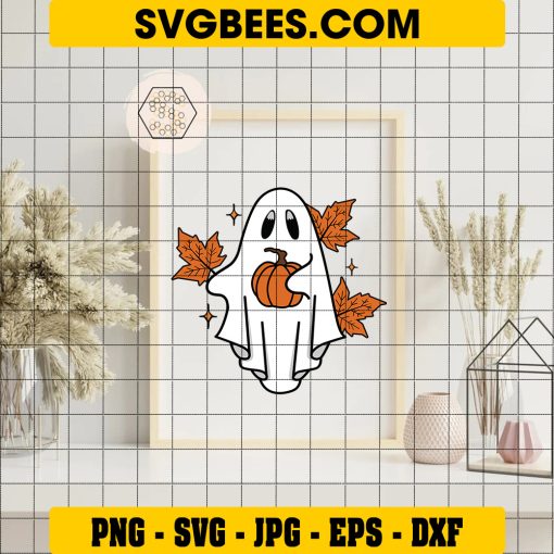 Ghost Pumpkin Fall Halloween SVG, Cute Ghost Leaves Fall SVG on Frame