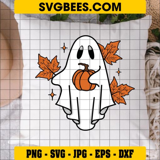 Ghost Pumpkin Fall Halloween SVG, Cute Ghost Leaves Fall SVG on Pillow