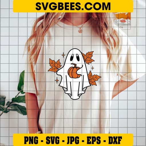 Ghost Pumpkin Fall Halloween SVG, Cute Ghost Leaves Fall SVG on Shirt