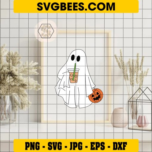 Ghost and Coffee Halloween, Halloween Ghost Pumpkin SVG on Frame