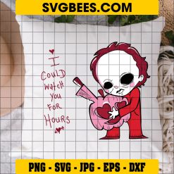 I Could Watch You For Hours SVG, Chibi Michael Myers SVG, Halloween Myers Pink SVG on Pillow