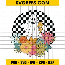 Retro Floral Ghost SVG, Checkered Daisy Ghost SVG, Ghost Outline SVG