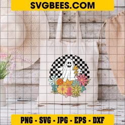 Retro Floral Ghost SVG, Checkered Daisy Ghost SVG, Ghost Outline SVG on Bag