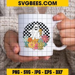 Retro Floral Ghost SVG, Checkered Daisy Ghost SVG, Ghost Outline SVG on Cup
