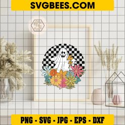 Retro Floral Ghost SVG, Checkered Daisy Ghost SVG, Ghost Outline SVG on Frame