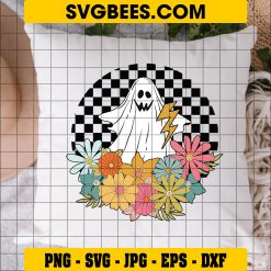 Retro Floral Ghost SVG, Checkered Daisy Ghost SVG, Ghost Outline SVG on Pillow