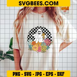 Retro Floral Ghost SVG, Checkered Daisy Ghost SVG, Ghost Outline SVG on Shirt