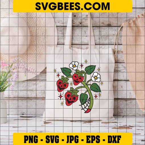 Spooky Strawberry SVG, Cute Strawberry Face Halloween SVG on Bag