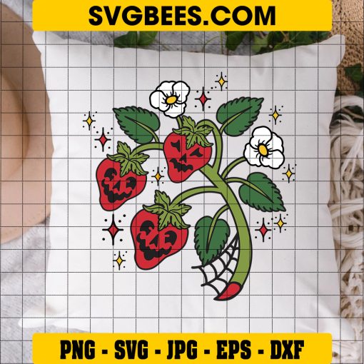 Spooky Strawberry SVG, Cute Strawberry Face Halloween SVG on Pillow