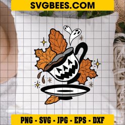 Spooky Teacup Halloween SVG, Halloween Coffee Leaves SVG on Pillow