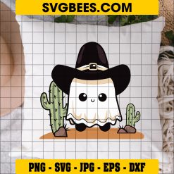 Western Ghost Pumpkin Halloween SVG, Cowboy Cute Ghost SVG on Pillow