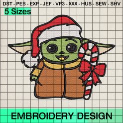 Baby Yoda Christmas Candy Embroidery Design, Yoda Xmas Embroidery Designs