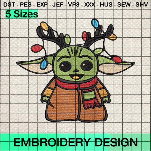 Baby Yoda Reindeer Christmas Embroidery Design, Yoda Xmas Embroidery Designs