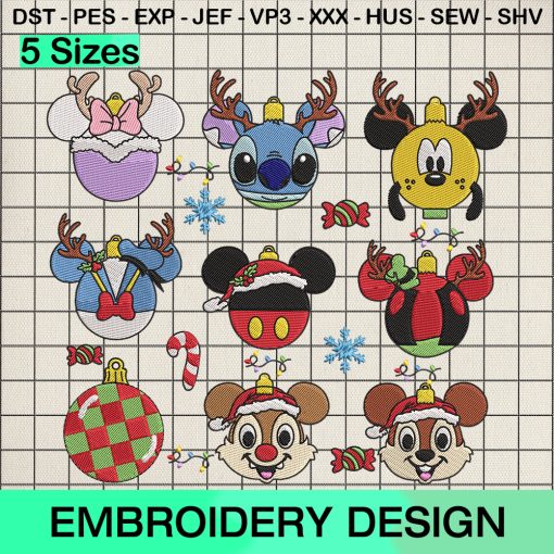 Bundle Characters Disney Christmas Ornament Embroidery Design, Disney Christmas Ornament Machine Embroidery Designs