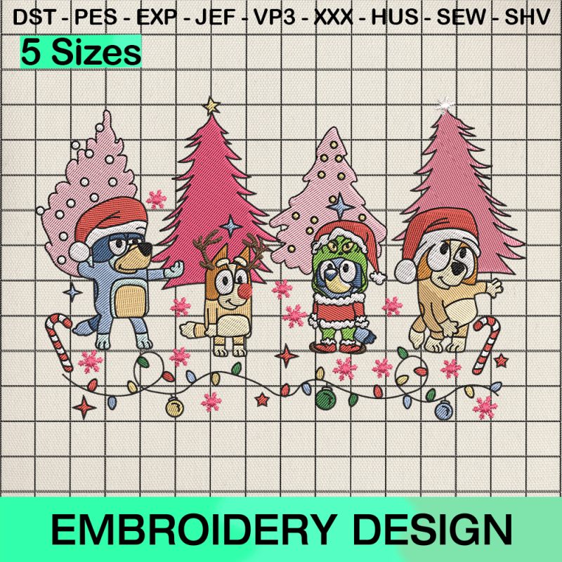 Characters Bluey Christmas Embroidery Design, Merry Christmas Friends Machine Embroidery Designs