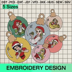 Characters Princess Christmas Ball Embroidery Design, Disney Princess Christmas Ornament Machine Embroidery Designs