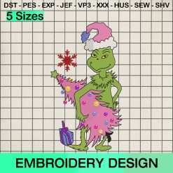 Christmas Grinch Tree Pink Embroidery Design, Grinch Santa Hat Pink Xmas Machine Embroidery Designs